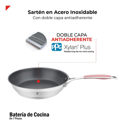 Bogner Batería De Cocina 7 Pz Acero Inox Bcps06 Rosa Rosa