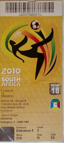 Entrada Mundial De Fútbol Sudáfrica 2010 Francia-mexico(bb57