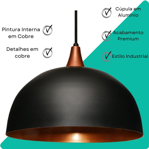 Pendente Alumínio Grand Ball Estilo Industrial Preto E Cobre