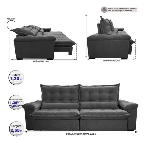 Sofá Retrátil 2,55m Cama Inbox Big Fresh. Com Softgel d40 Cor Cinza