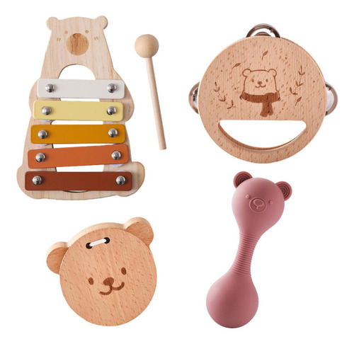 5 Piezas Juguetes De Madera Para Conjunto De Maracas Rosas