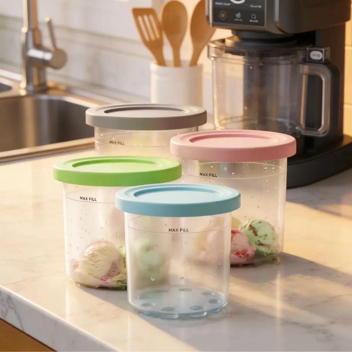 4 Recipientes Sorvete + Potes Armazenamento Para Cozinha Sorveteira Maquina Compativel Ninjac/ Pote