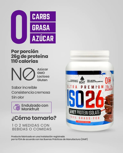 Imagen 4 de 8 de Proteína Iso26 Isolatada 1.6lbs Chocolate Mo4t