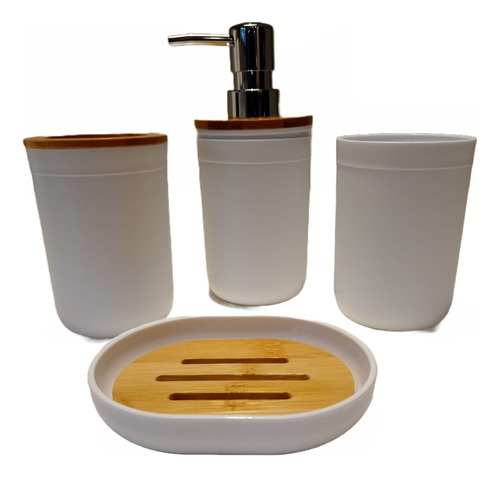 Set Juego De Baño Bambu Y Acrilico 4 Piezas Premium