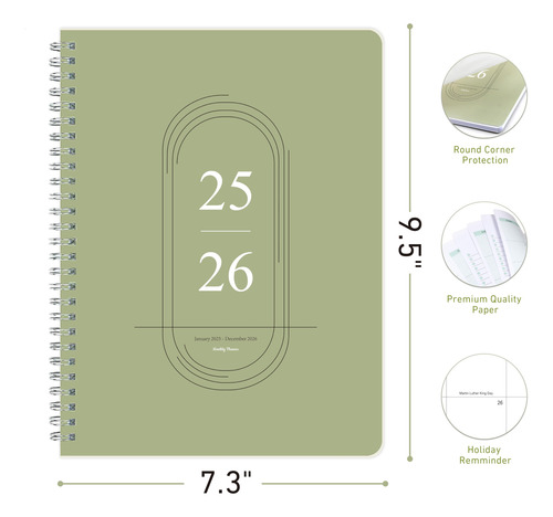 Agenda Mensual 2025-2026 Verde Calendario Simplificado 7.3 X Color De La Portada Nombre Del Diseño 0