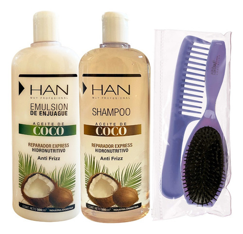 Han Shampoo + Emulsion +crema Coco Hidronutritivo +kit Peine