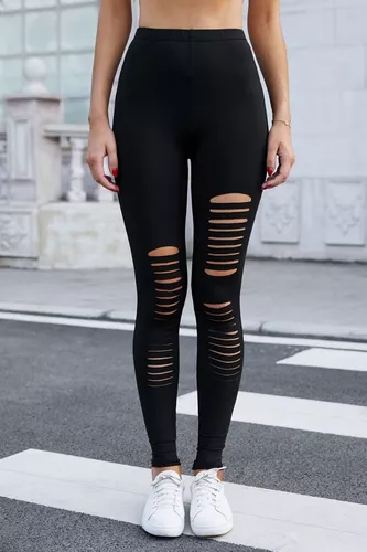 Mayones Deportivos Dama Legging Gym Negro Rotos Ahuecado