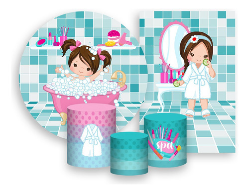 Kit 2 Painéis Festa + Trio De Capa - Menina No Spa Cute 02 Cor Colorido Personagem Dia de Spa Banheira