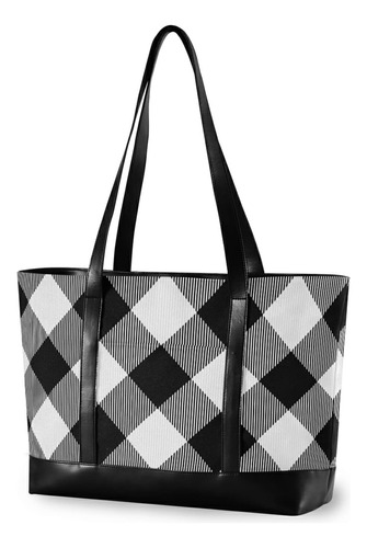 Bolso Mano Lona Para Mujer Diseño Cuadro Color Negro Blanco