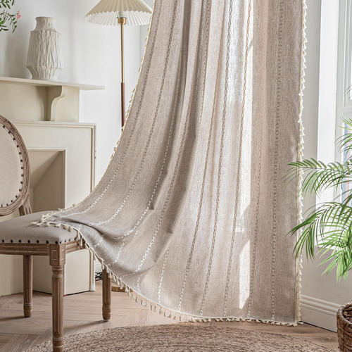 Cortinas Bohemias Bordadas De Lino 2 Paneles 84