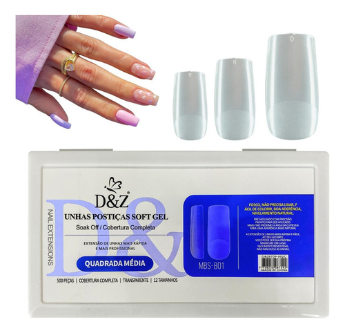 Unhas Postiças Soft Gel Quadrada Média C/ 500un. - D&z