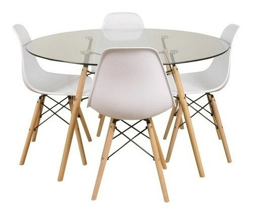 Juego Comedor Mesa Redonda Vidrio 120cm + 4 Sillas Eames Ct