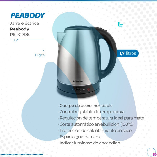 Imagen 2 de 9 de Jarra Eléctrica Peabody Digital Pe-k1708