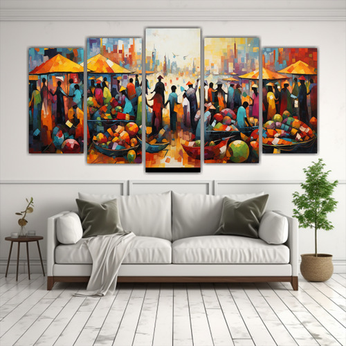 200x100cm Cuadro Cinco Lienzos Vanguardia De Mercado Animado