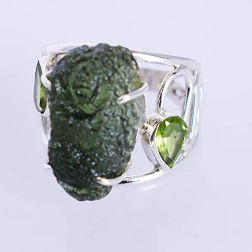 Anillo De Plata Con Moldavita Y Peridoto, Joyería Hecha A Ma