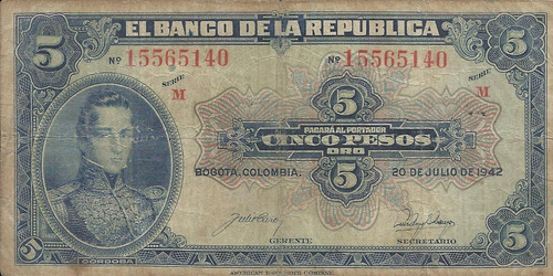 Colombia 5 Pesos Oro 20 Julio 1942