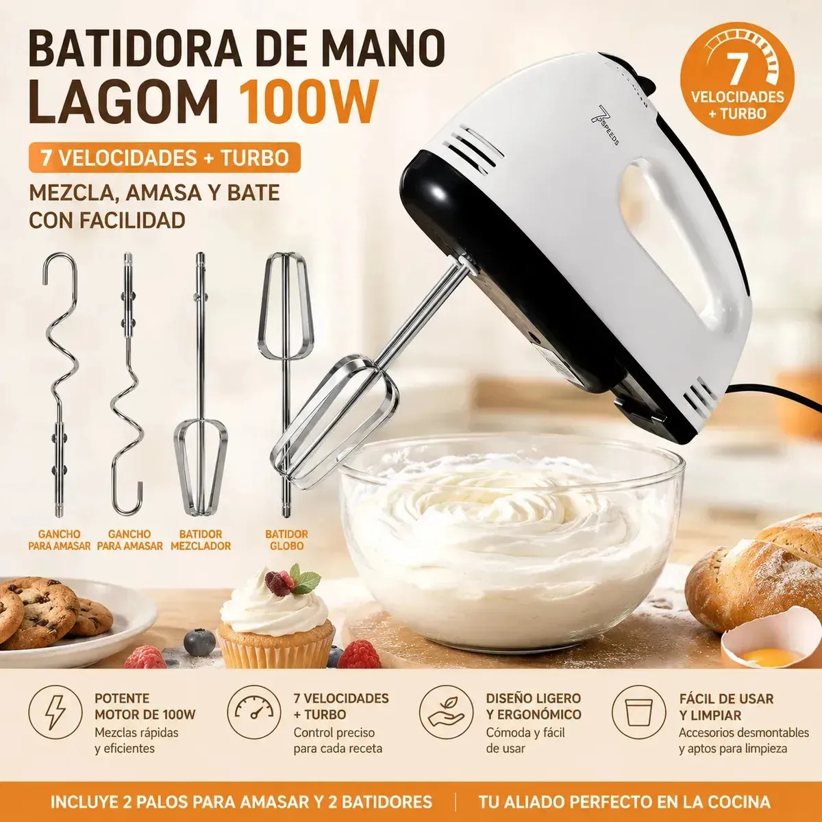 Batidora De Mano Mezclador Electrico Lagom Lg400 7 Velocidades 100w Poderosa Potencia Disipación De Calor Mezcla Fácil Reemplazo Motor Mudo De Cobre Silencioso Mango Cómodo Batidor Planno Y De Gancho