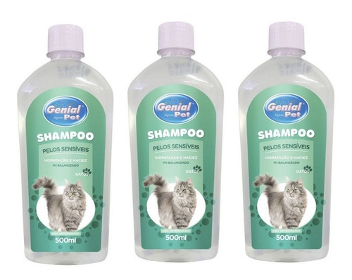 Kit 3 Unidades Shampoo Gatos Pele Sensível 500ml Genial Pet