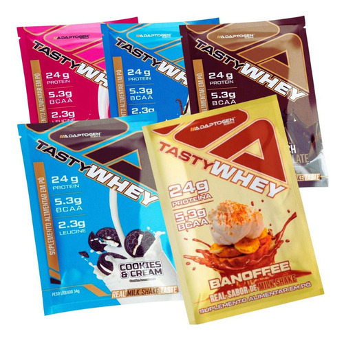 Combo 5x Tasty Whey 36g Gourmet Dose Única Adaptogen Science Sabor Kit Banoffee