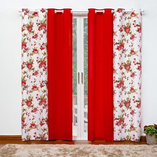 Cortina Florata Porta Balcão P/ Sala Ou Quarto 2,80x2,50mt Cor VERMELHO/ESTAMPA