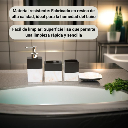 Set De Baño Resina X 4 Piezas Jabonera Vaso Cepillo Dispense Negro