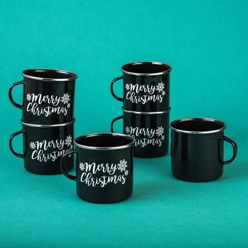 Juego De 6 Tazas Grandes Cinsa Peltre Frase Merry Christmas Color Negro Taza