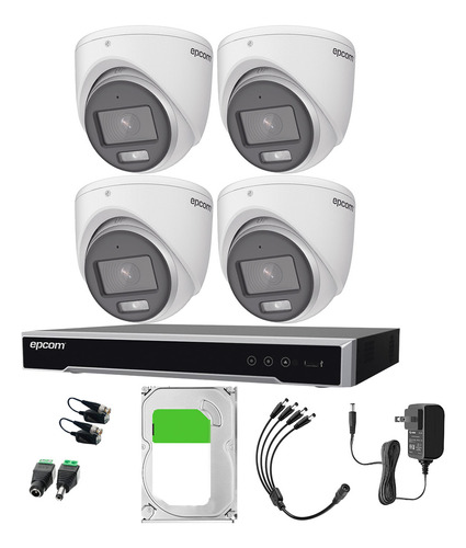 Epcom Kit De 4 Camaras De Seguridad Metalicas Con Microfono Turret 3k Imagen A Color 24/7 Para Uso Exterior + Dvr 4ch Turbohd Con Detección De Movimiento Y Salida De Alarma Ev8004e3k-plus-sc+2tb