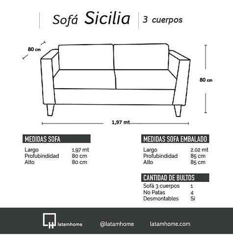 Sofa Sicilia 3 Cuerpos Pu - Latam Home