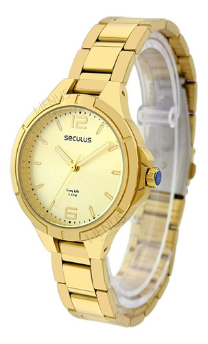 Relógio Seculus Feminino Long Lifeoriginal Pulso Correia Dourado Bisel Dourado Fundo Bege