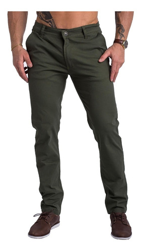 Jeans Corte Chino Verde Milit Semi Chupín Elastizado Premium