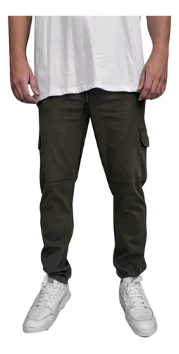 Joggers Cargo Hombre Bolsillo Gabardina Elastizado Negro