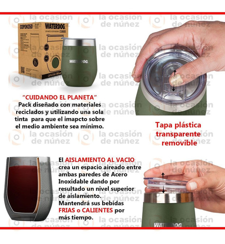 Imagen 3 de 7 de Vaso Mate Waterdog Acero Inoxidable Con Tapa 350cc Copon
