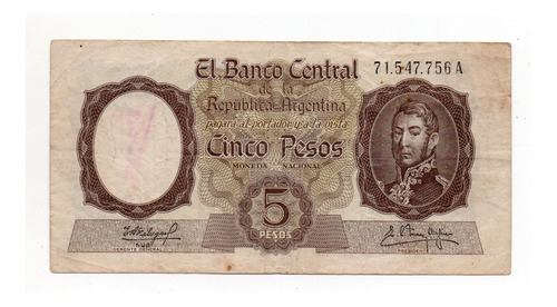 Billete Argentina 5 Pesos Moneda Nacional Bottero 1925