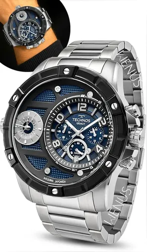 Relógio Technos Masculino Linha Legacy Cronógrafo Bicolor Aço Inoxidável Os2a2maqad/1a Prateado Fundo Azul Brilha No Escuro Catraca Giratória Prova D'água 100 Metros
