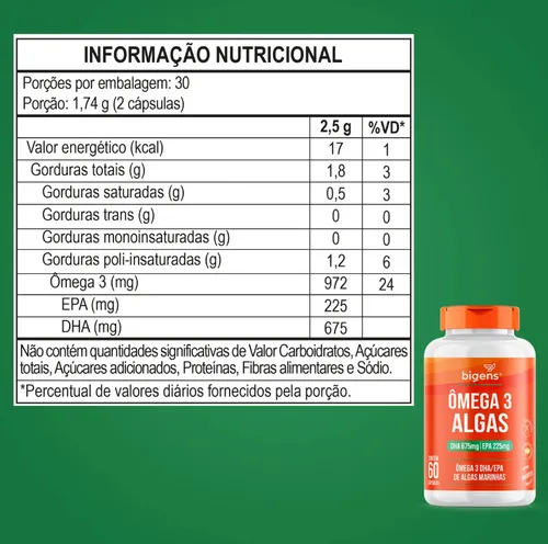 Omega 3 Vegano Algas Dha 675mg + Epa 225mg Por Dosis Bigens Sin