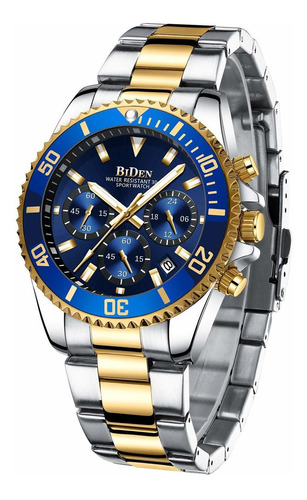 Mens Watches Chronograph Gold Blue Stainless Steel Waterproo