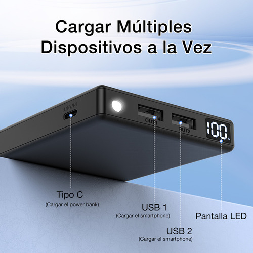Power Bank Batería Portátil 10000mah 1hora Con Pantalla Led Negro