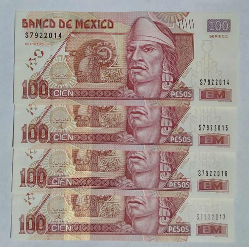 4 Billetes De $100 Pesos Serie Ee, Folio S7922014,15,16,17