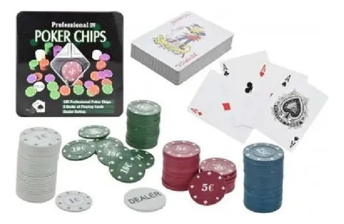 Juego De Poker Professional 100 Fichas Cartas Estuche Lata