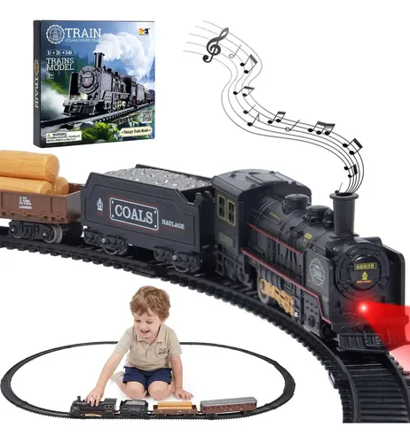 MoveBrinca Trem Elétrico Vintage Com Locomotiva A Vapor E 3 Vagões, Luzes E Sons Realistas, Trilhos Fáceis De Montáveis Formando Um Circuito De 103×67cm,Material PP Durável,Ideal Para Viagens No Tempo