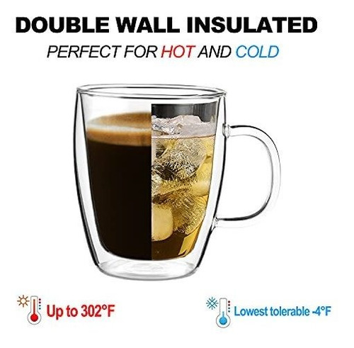Tazas De Café Doble Pared, 16 Oz, Cristal Transparente Con