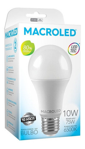 Imagen 3 de 5 de Pack X10 Macroled Lampara Led Bulbo A60 10w Bco Frío E27