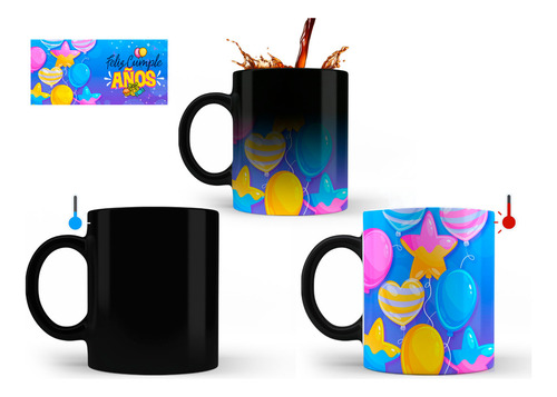 Taza Mágica, Feliz Cumpleaños, Globos Estrellas, 11oz
