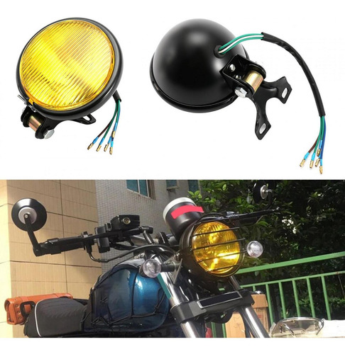 Universal Retro Preto Shell Amarelo Lente Farol Motocicleta