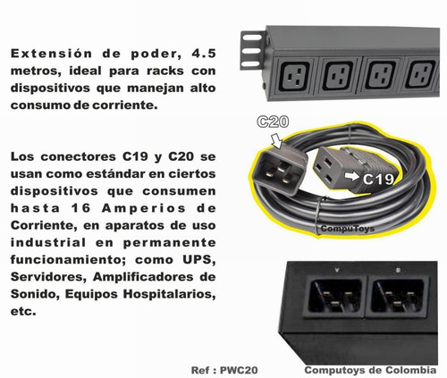 Imagen 4 de 6 de Extensión De Poder C19 C20, 4.5 M Ref: Pwc20 Computoys Sas
