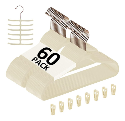 Perchas De Terciopelo Premium + Clips - Pack 60u. Beige