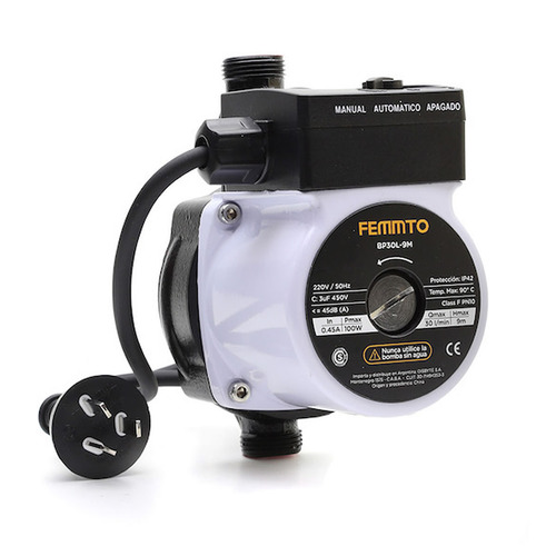 Bomba Presurizadora Centrifuga Femmto Elevadora Altura Presion 9 Metros Agua Negro Bp30l-9m Automatico O Manual 100w 2 Baños