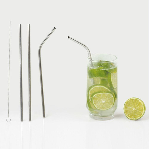 Kit Canudos Inox C/ Escova Limpeza - 2 Retos 2 Curvados 21cm