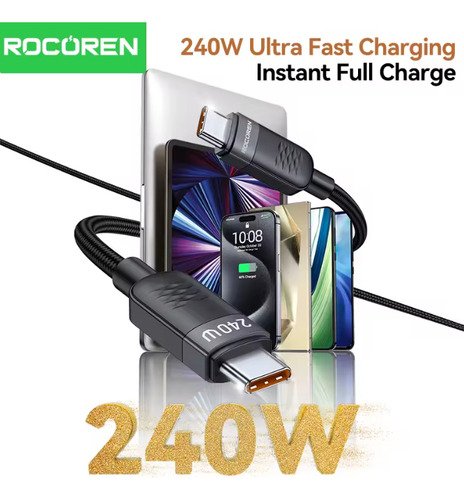 Cable Carga Ultra Rapida 240w/uso Rudo/2 Metros/tipo C Pd3.1 Doble Algodon Pd3.1