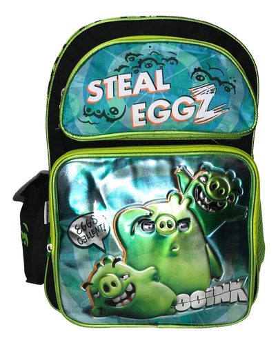 Mochila Escolar Angry Birds Color Negro Con Verde Diseño de la tela Liso